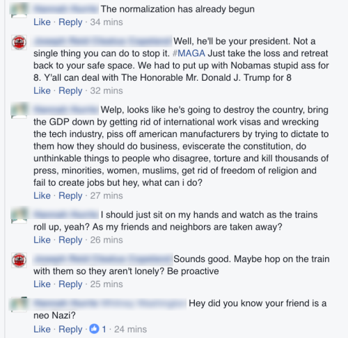 The day after this happened, one of these trolls found out where I worked and sent a threatening email to my boss, trying to get me fired for things I had never said or done.
[[MORE]]Right after the election, I commented on a friend’s fb post about...