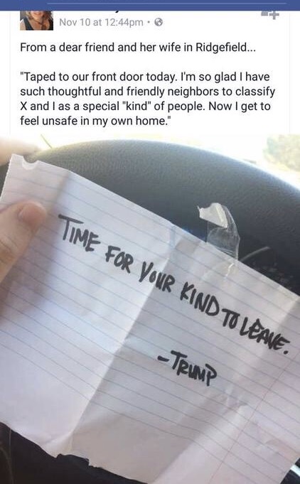 Left on a lesbian couple?s door in my town. Also have heard of kids chanting ?build the wall? at bus stops. 😔😠😢