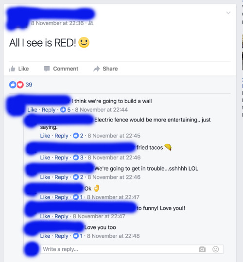 This from someone whose cover photo features 3 crosses. I feel like her church isn’t teaching her the same things that my church teaches me about loving your neighbor and acceptance. I had managed not to unfriend people with radically different...